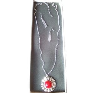Silver Tone Necklace & Drop Earrings Set with Red Stone Fashion Jewelry gift box